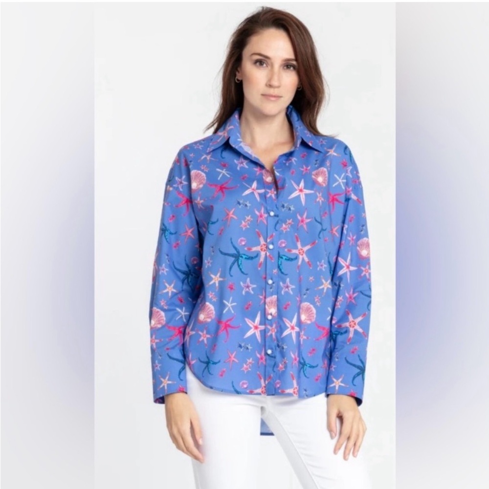 Women's Blue Starfish Print Button-Down Blouse